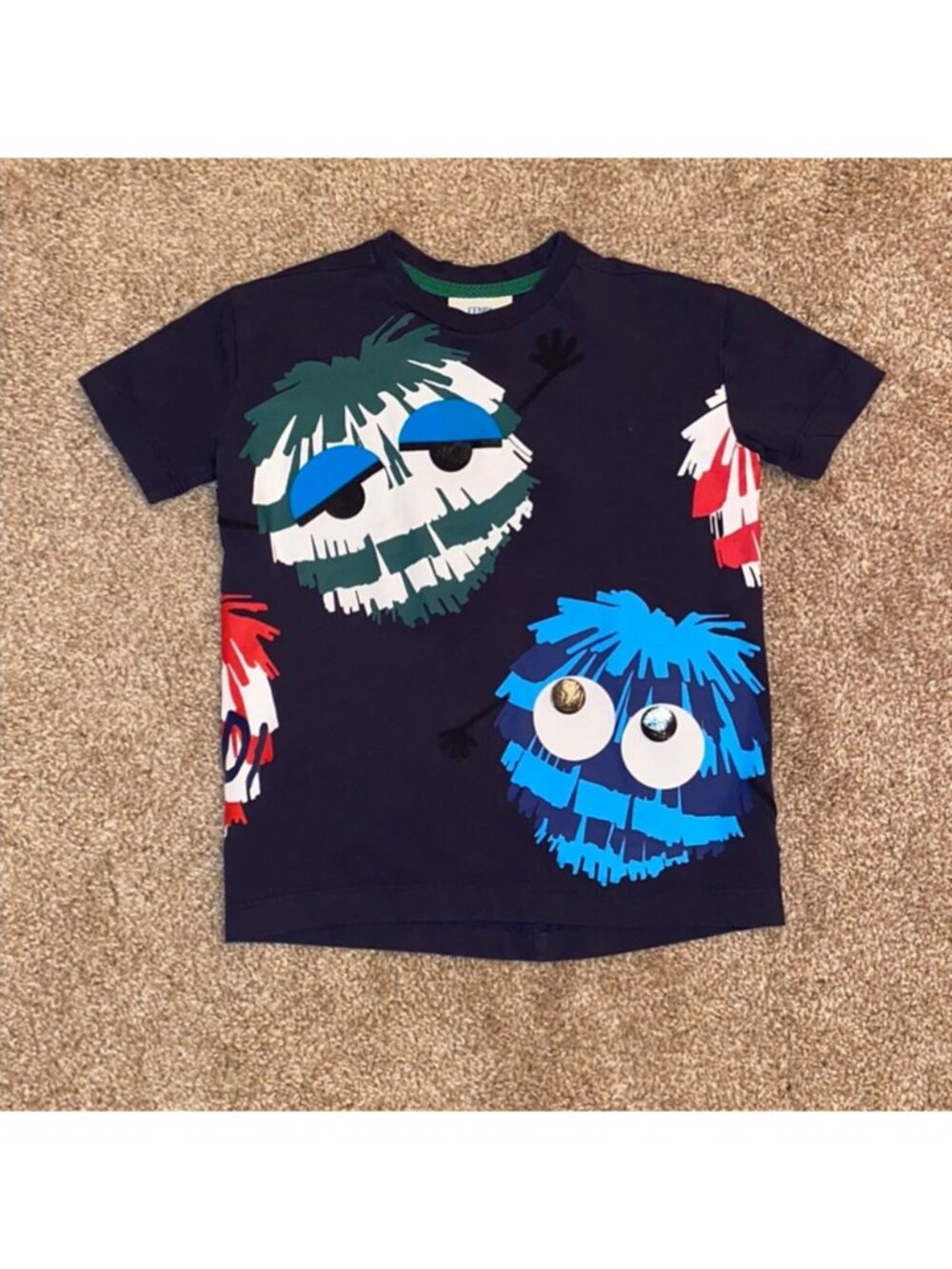 New Authentic FENDI Kids T-Shirt in Navy Blue with Pom Pom Monster Print